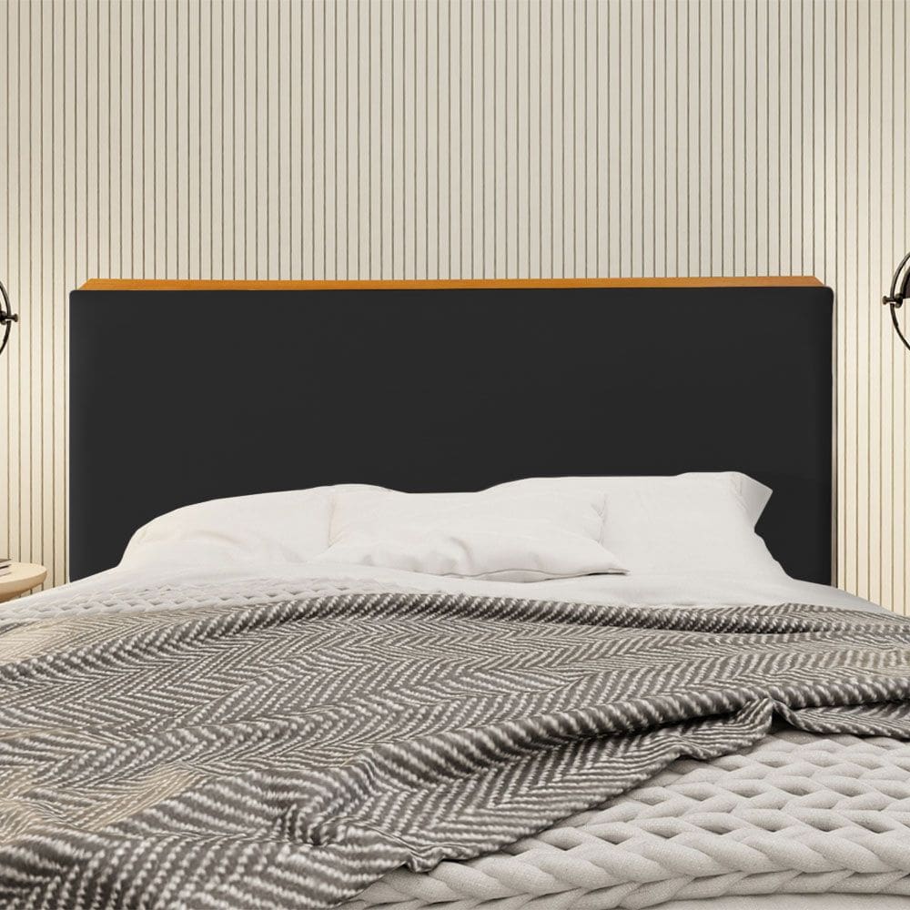 Cabeceira Cama Box King Estofada Detalhe em Madeira Java Veludo Preto