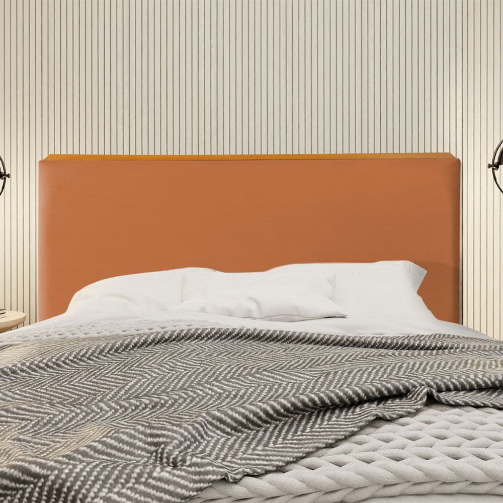 Cabeceira Cama Box King Estofada Detalhe em Madeira Java Veludo Terracota