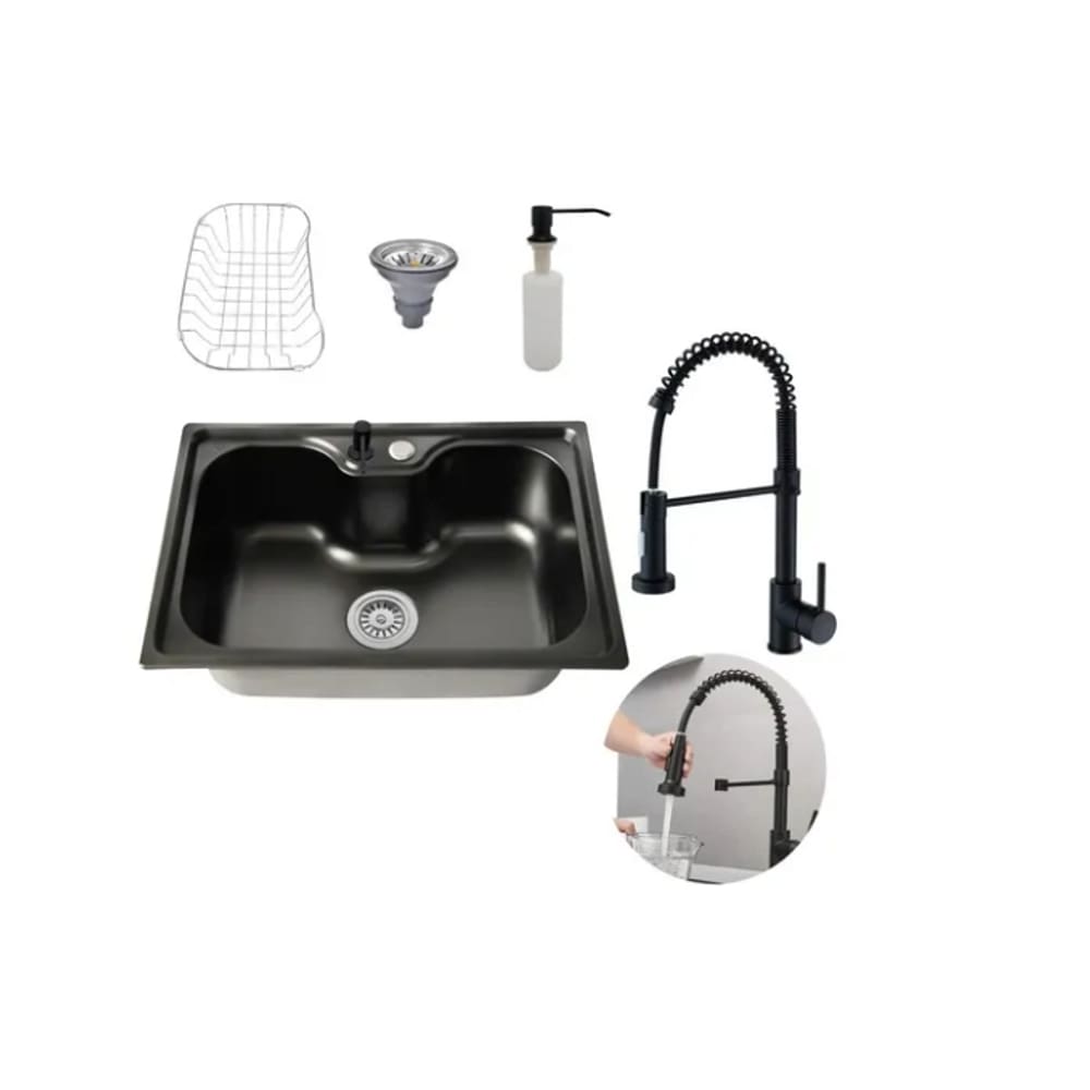 Cuba Cozinha Gourmet Aço Inox 60x42 E Torneira Flexível Preta Brinovar