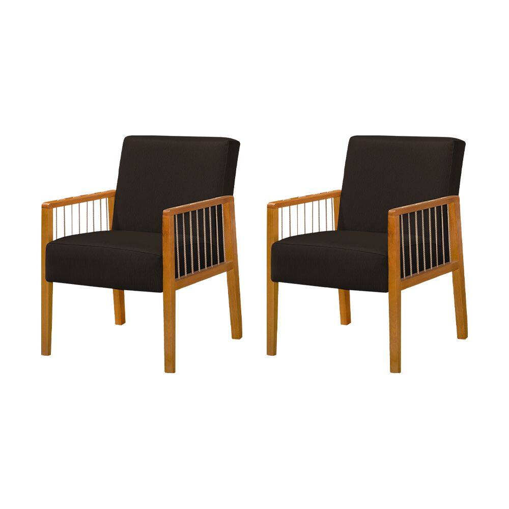 Kit 2 Poltronas Decorativas Base em Madeira Maciça e Corda Náutica Copacabana Linho Marrom Escuro