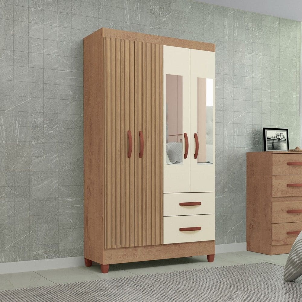 Guarda-Roupa Solteiro Fortaleza 4 Portas 2 Gavetas com Espelho Ripado 3d Canelato/Off White - Atualle Móveis