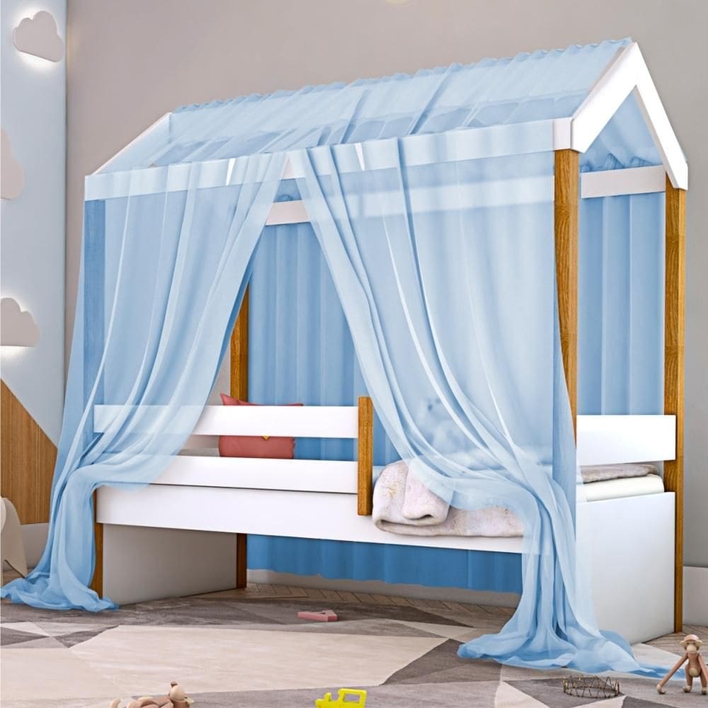Cama Montessori Exclusiv Solteiro com Colchão e Voal Azul