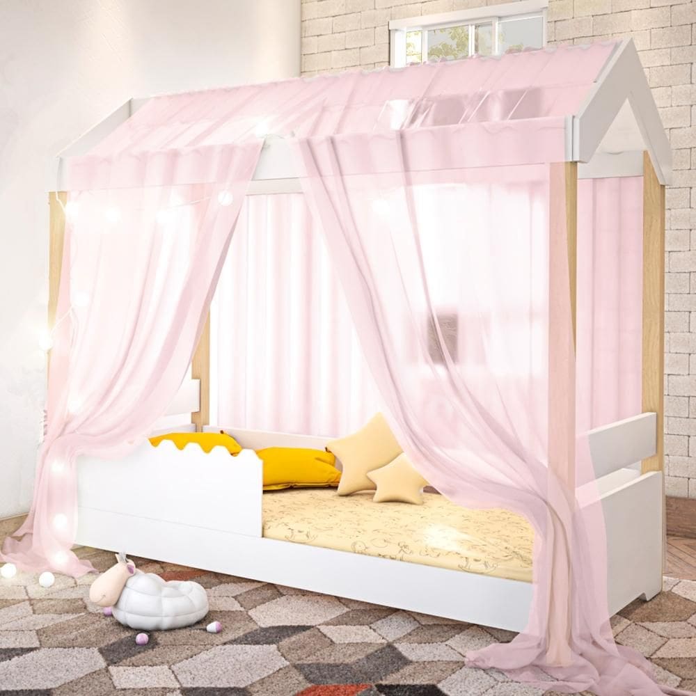 Cama Jéssica Solteiro Branco com Voal Rosa e LED