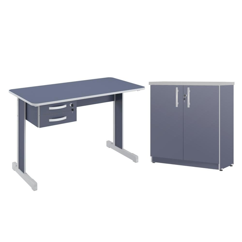 Conjunto Escritório Atlanta Mesa com Armário Azul