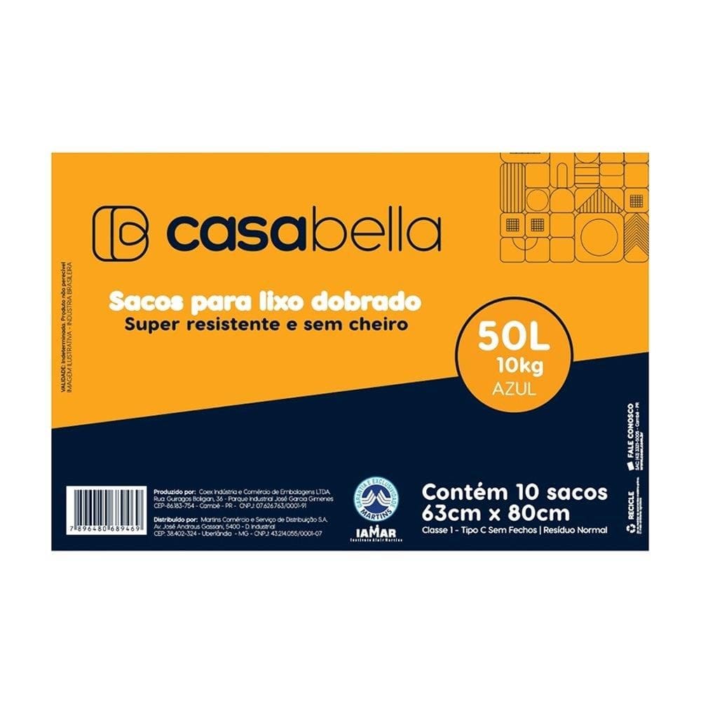 Saco Lixo Casabella Dobrado Azul 50L 25X10