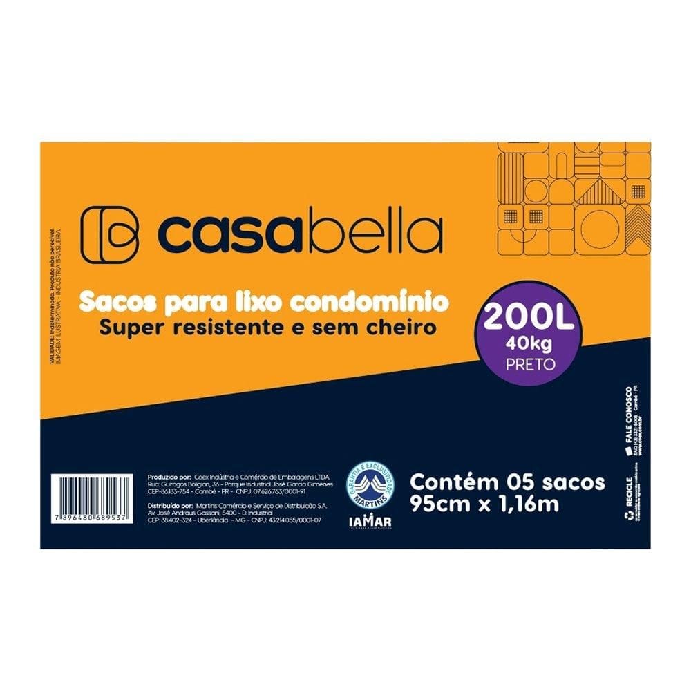Saco de Lixo Casabella Dobrado Condomínio Preto 200L - 20 Embalagens com 5 Unidades