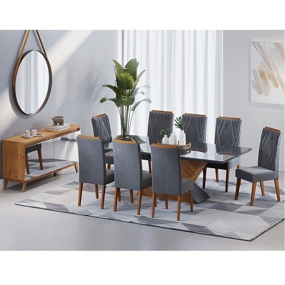 Conjunto Mesa de Jantar Retangular 200x90 Pipa com 8 Cadeiras Vegas e Buffet 4 Portas com Espelhos a Mel/Cinza/Grafite