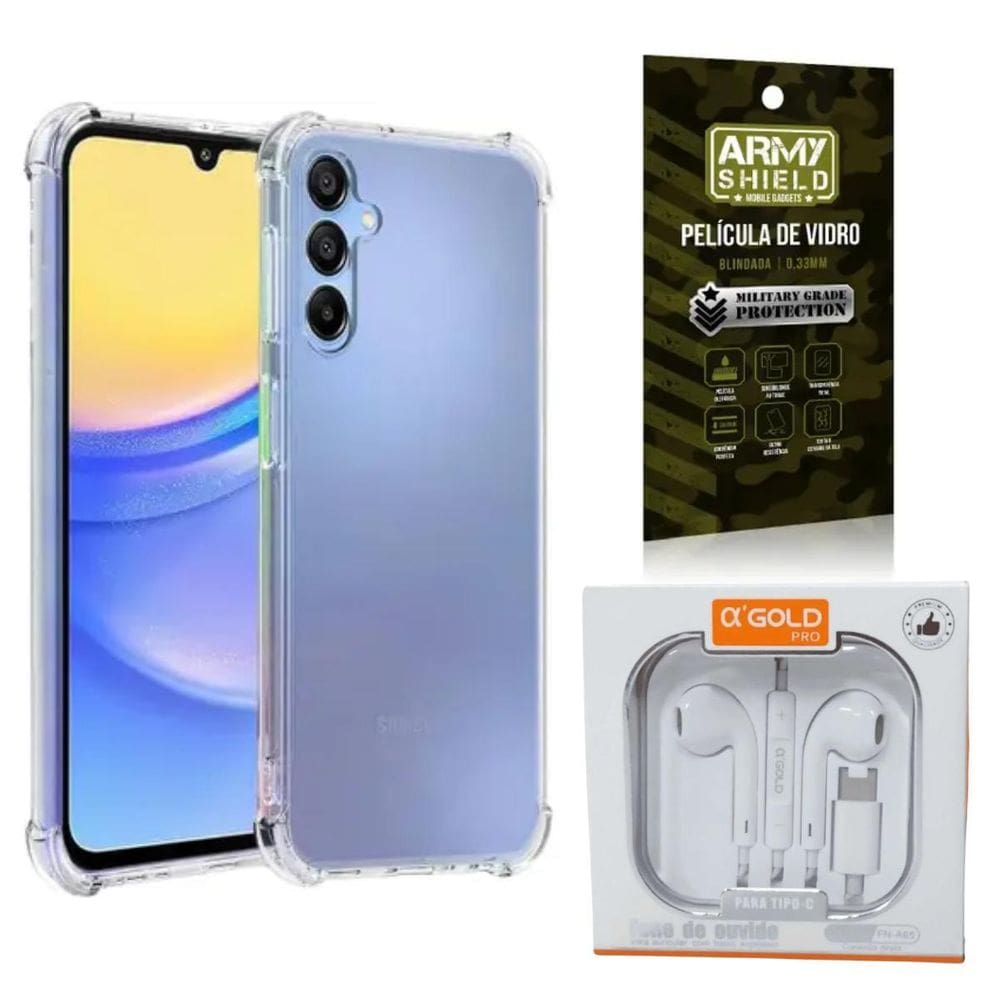Capinha Antishock Galaxy A15 + Fone Tipo-C + Pelicula 3D