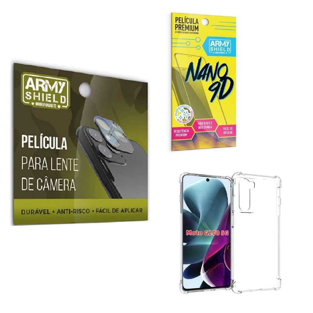 Kit Película De Câmera E Tela Moto G200 + Capinha Anti Shock