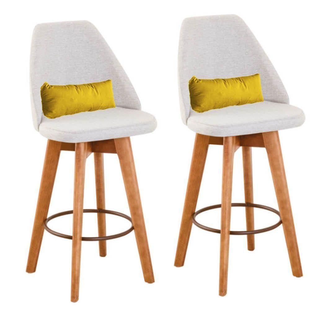 Kit 02 Banquetas Alta Maya Giratória Com Encosto Gourmet Linho Bege e Almofada Suede Amarelo - Aurora Line