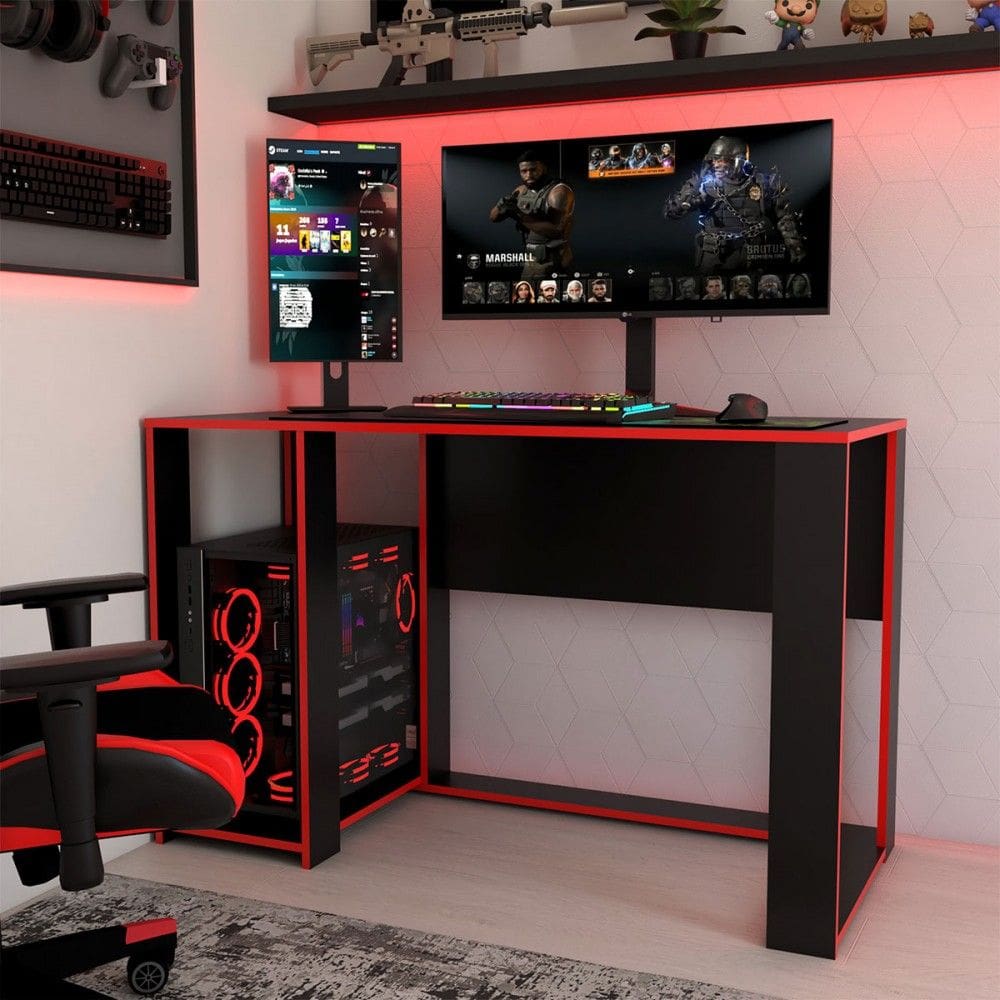 Mesa Gamer Level Espaço para 2 Monitores e Cpu Preto/VerMarromho - Panorama Móveis