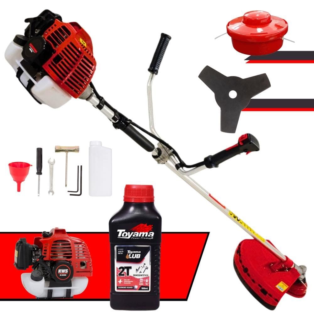Máquina de Cortar Grama Kawashima KW43L À Gasolina 2T 43cc 1,7HP Roçadeira Lateral Com Faca 3 Pontas + Carretel de Nylon + Óleo Toyama 2T
