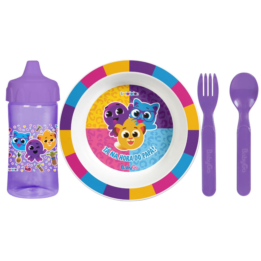 Kit Alimentação 4 Peças Infantil Bolofofos Roxo Prato Bowl Copo 400ml e Talheres - BabyGo