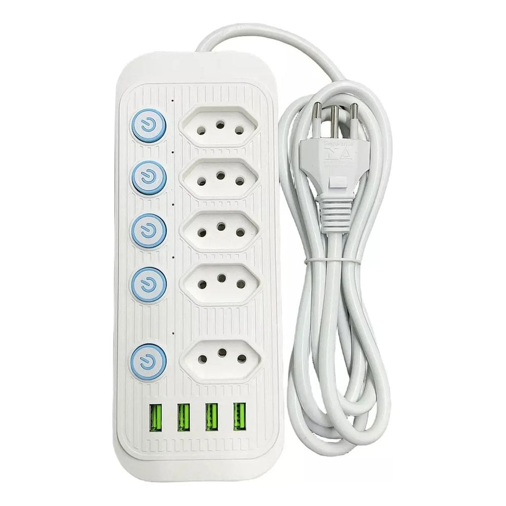 Filtro De Linha Extensão 5 Tomadas 4 Portas Usb Cabo 2 Metros 2500W