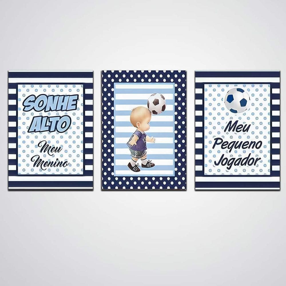 Quadro Decorativo 3 Peças Sonhe Alto Meu Pequeno Jogador