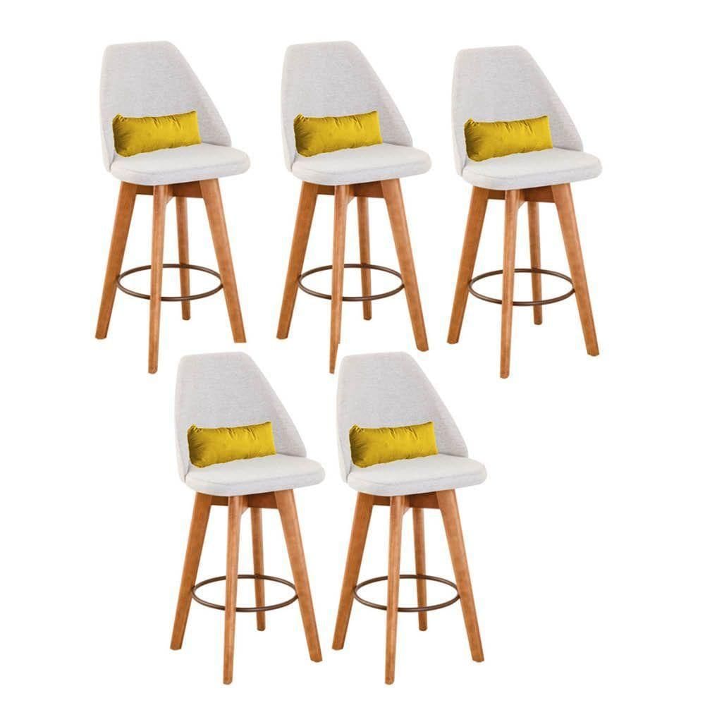 Kit 05 Banquetas Alta Maya Giratória Com Encosto Gourmet Linho Bege e Almofada Suede Amarelo - Aurora Line