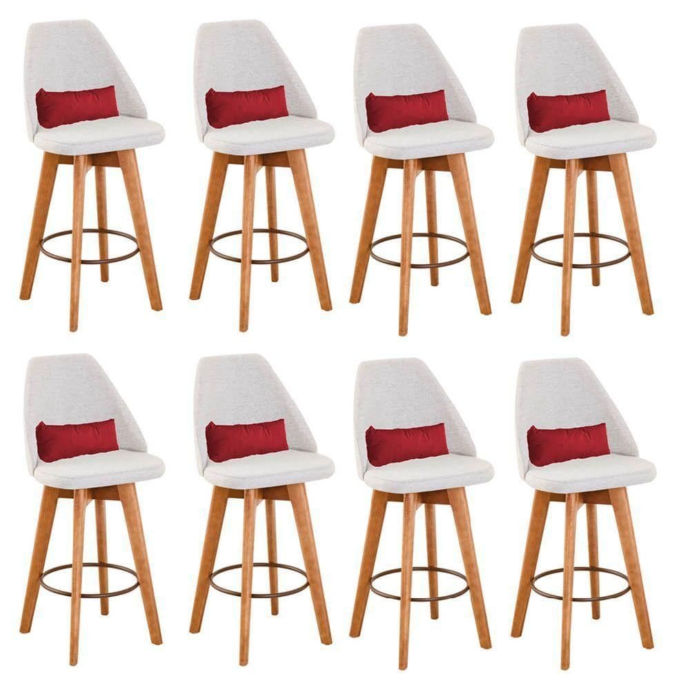 Kit 08 Banquetas Alta Maya Giratória Com Encosto Linho Bege Claro e Almofada Suede Vermelho - Aurora Line