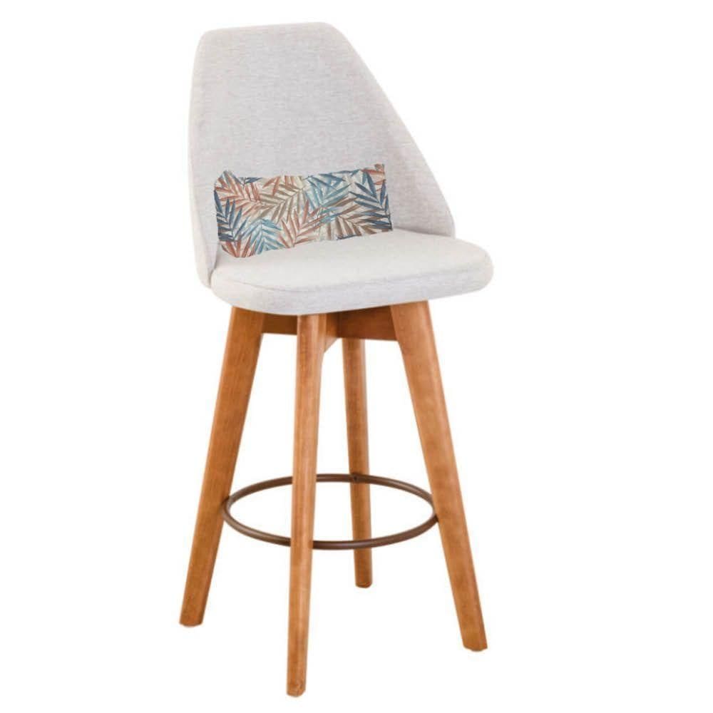 Banqueta Alta Maya Giratória Com Encosto Gourmet Linho Bege e Almofada Folhas - Aurora Line