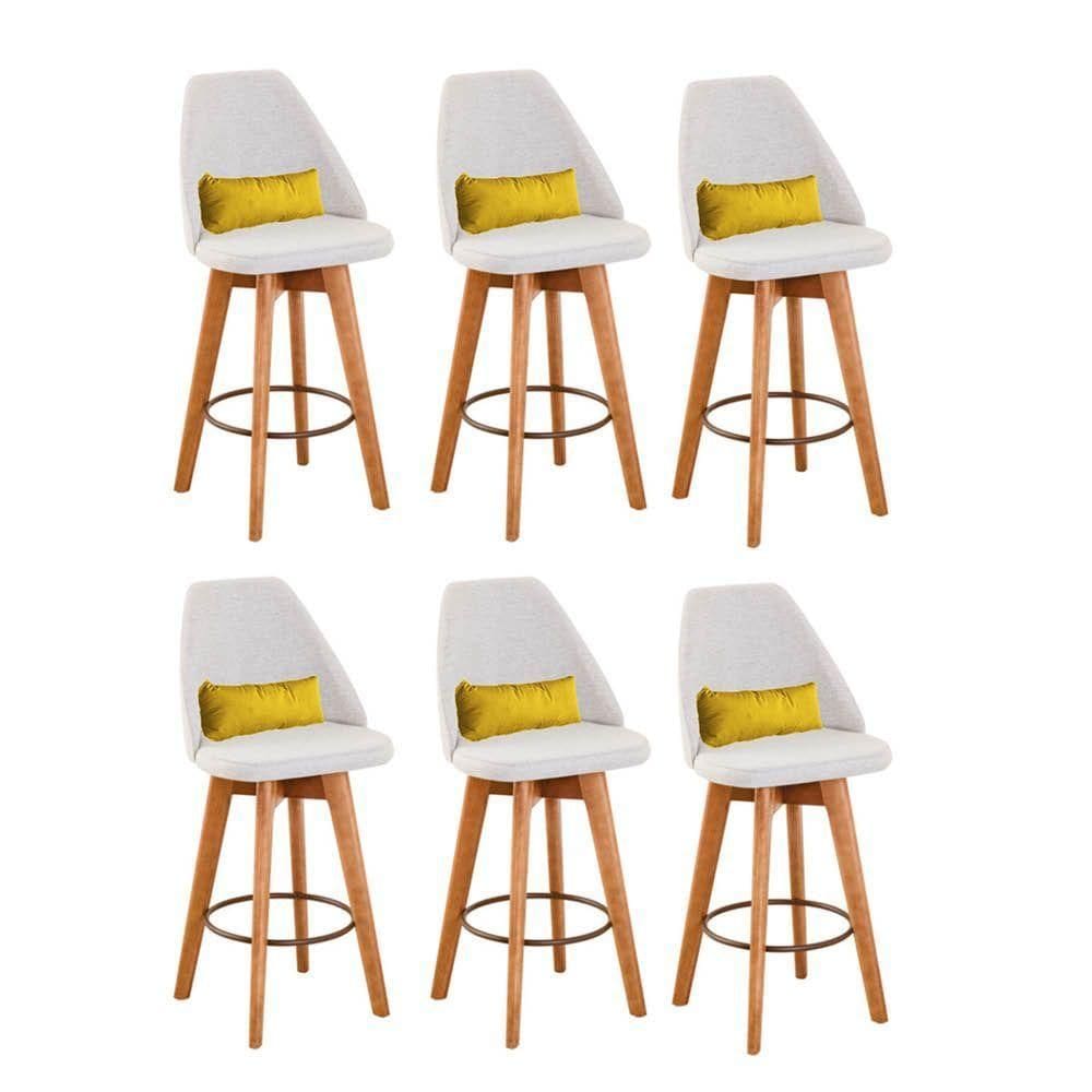 Kit 06 Banquetas Alta Maya Giratória Com Encosto Gourmet Linho Bege e Almofada Sintético Amarelo - Aurora Line