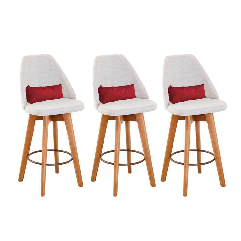 Kit 03 Banquetas Alta Maya Giratória Com Encosto Gourmet Linho Bege e Almofada Corino Vermelho - Aurora Line