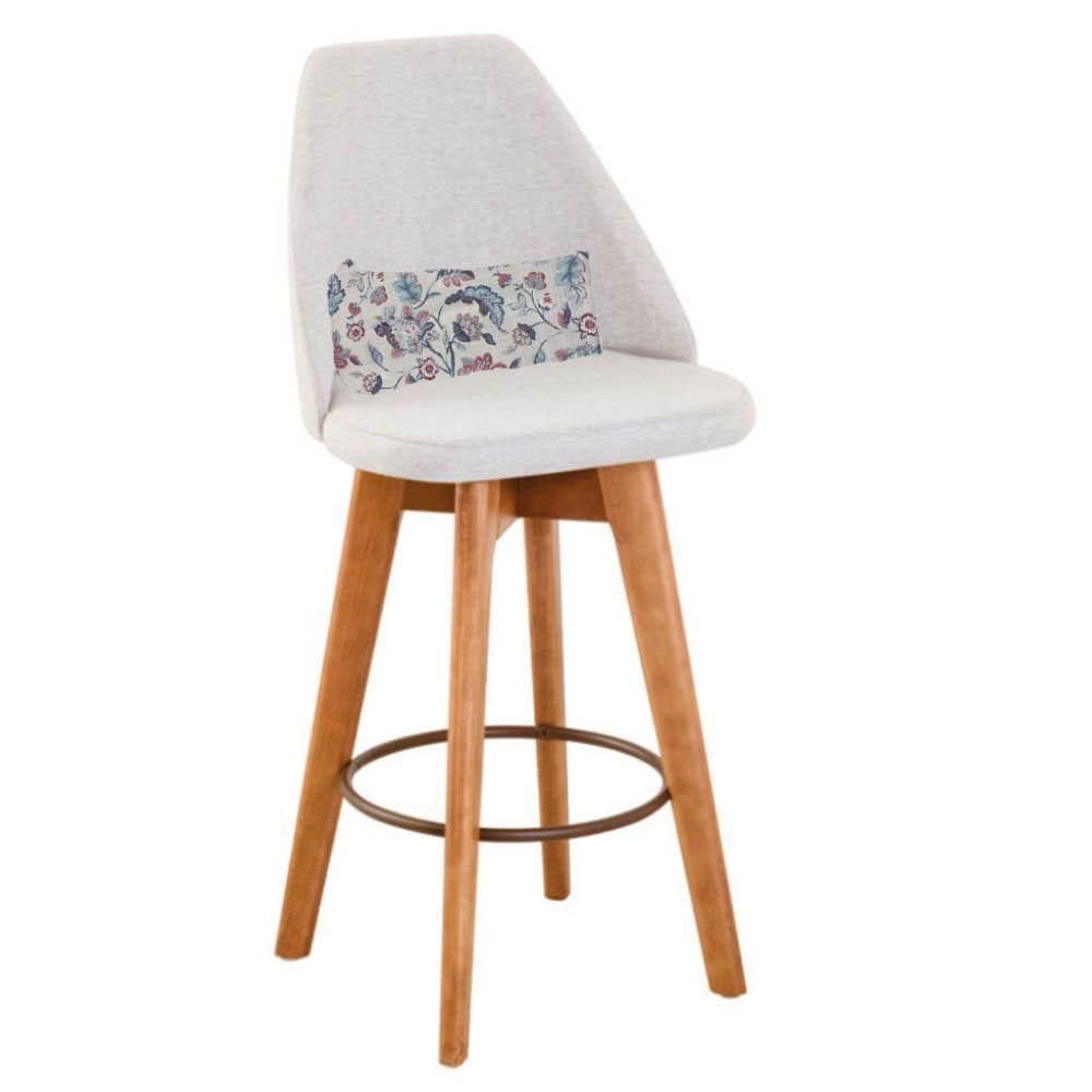 Banqueta Alta Maya Giratória Com Encosto Linho Bege Claro e Almofada Flores - Aurora Line