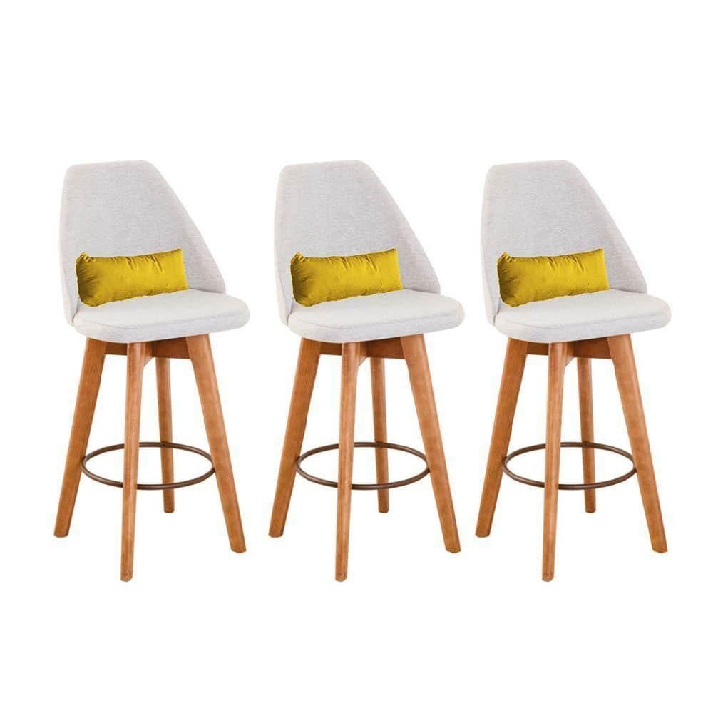 Kit 03 Banquetas Alta Maya Giratória Com Encosto Linho Bege Claro e Almofada Corino Amarelo - Aurora Line