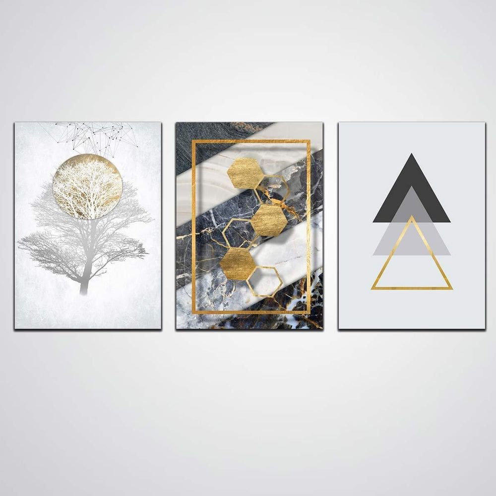 Kit De Quadros Decorativos Abstrato Dourado