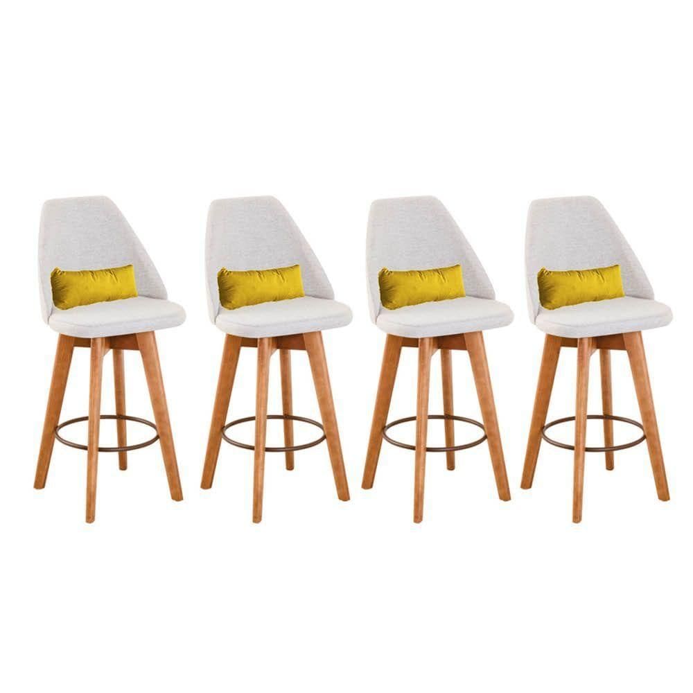 Kit 04 Banquetas Alta Maya Giratória Com Encosto Gourmet Linho Bege e Almofada Corino Amarelo - Aurora Line