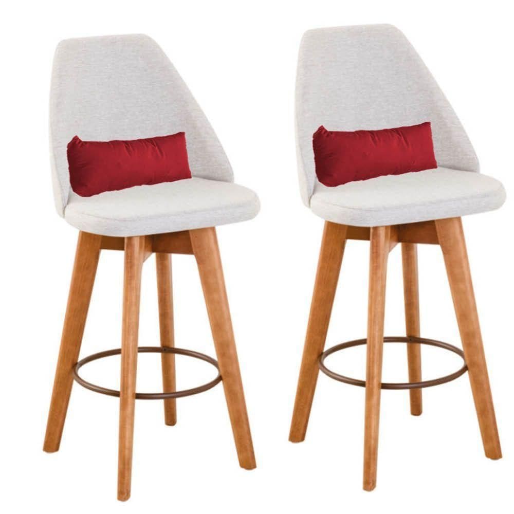 Kit 02 Banquetas Alta Maya Giratória Com Encosto Gourmet Linho Bege e Almofada Suede Vermelho - Aurora Line