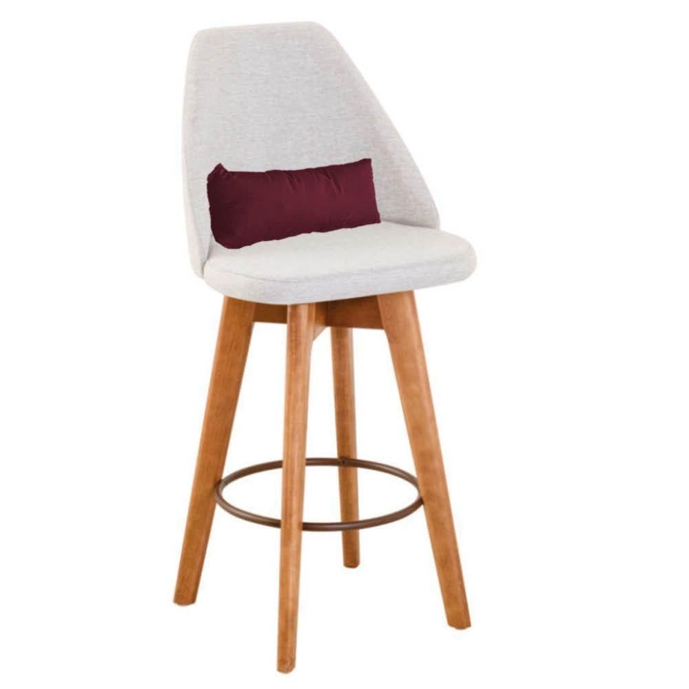 Banqueta Alta Maya Giratória Com Encosto Gourmet Linho Bege e Almofada Bordô - Aurora Line