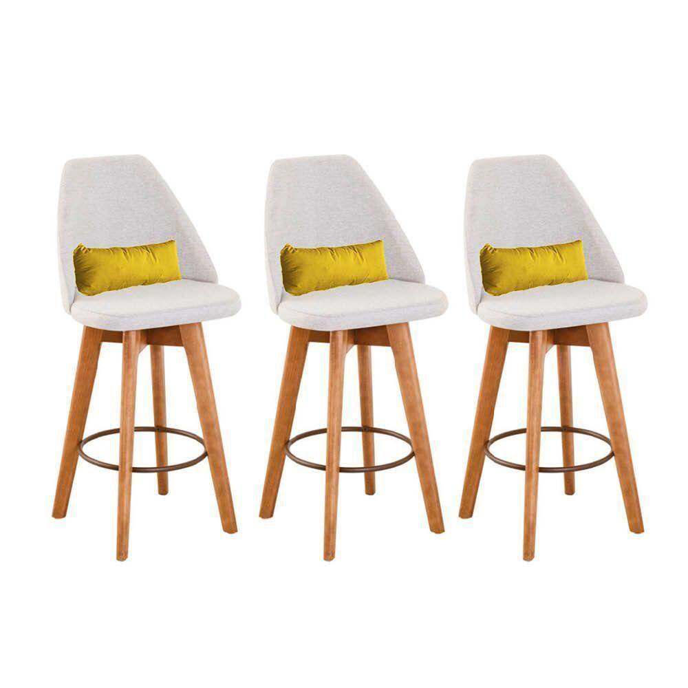 Kit 03 Banquetas Alta Maya Giratória Com Encosto Linho Bege Claro e Almofada Sintético Amarelo - Aurora Line