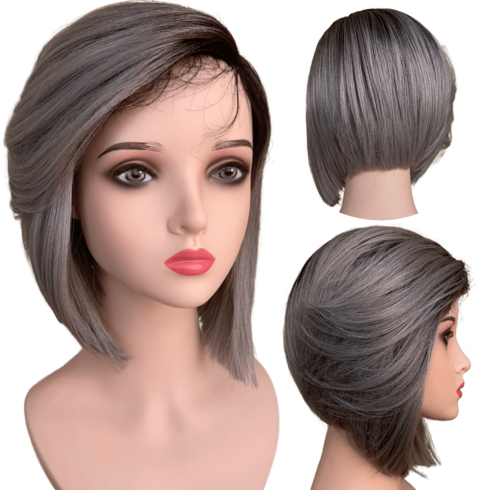 Peruca Front Lace Wig Long Bob Cinza Platinad Orgânica Curta
