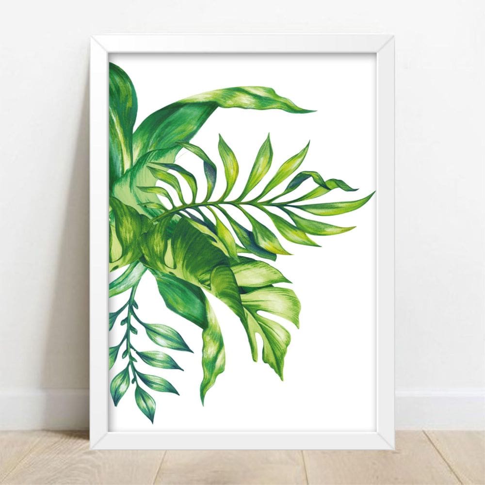 Quadro Decorativo Folhagem - Moldura Branca E Vidro A4