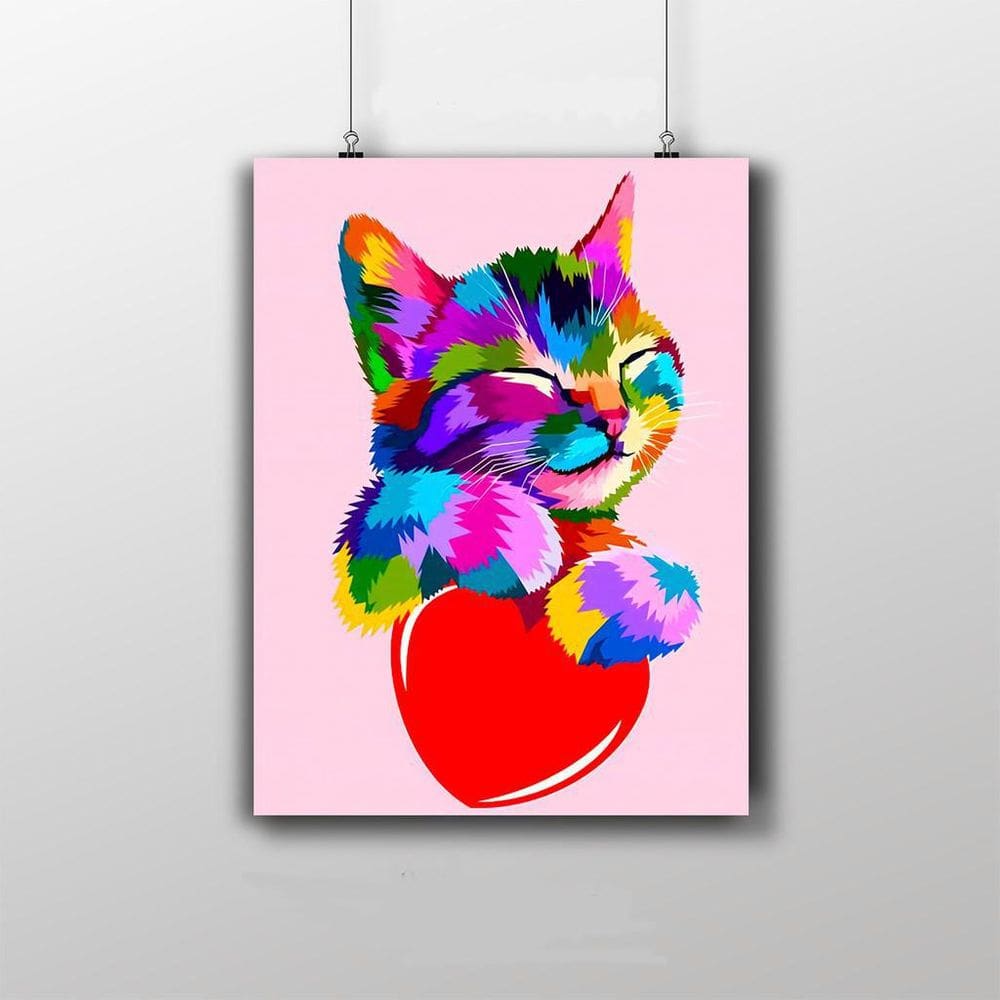 Placa Decorativa Gato Colorido - Coração