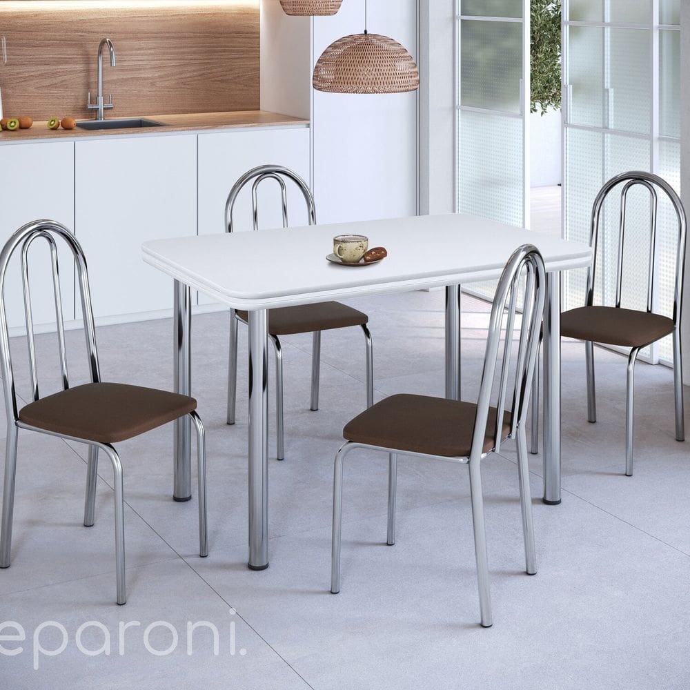 Conjunto Sala de Jantar Mesa com 4 Cadeiras Cromado/Branco/Marrom