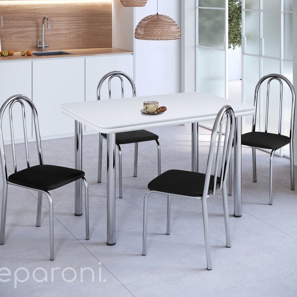Conjunto Sala de Jantar Mesa com 4 Cadeiras Cromado/Branco/Preto