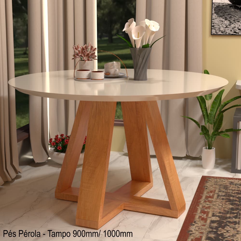 Mesa Redonda Jantar 4 Lugares Tampo Mdf C/ Vidro Off White