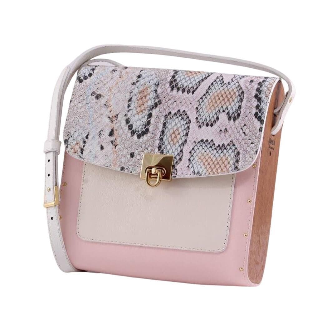 Bolsa Couro Com Lateral Em Madeira Média Rosa Animal Print