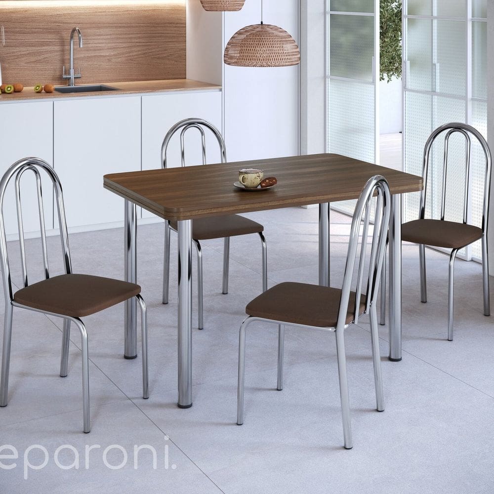 Conjunto Sala de Jantar Mesa com 4 Cadeiras Cromado/Nogueira/Preto