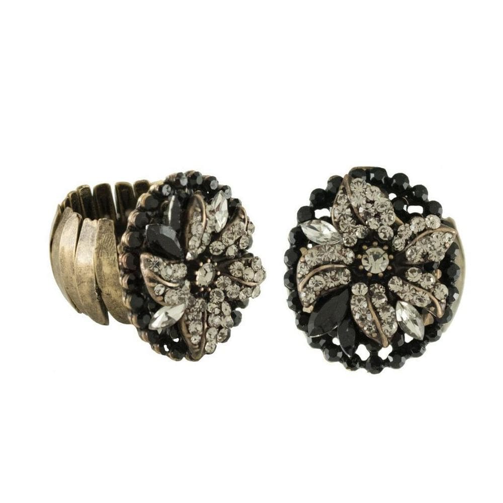 Anel Flor Cristais Preto E Black Diamond Ouro Velho