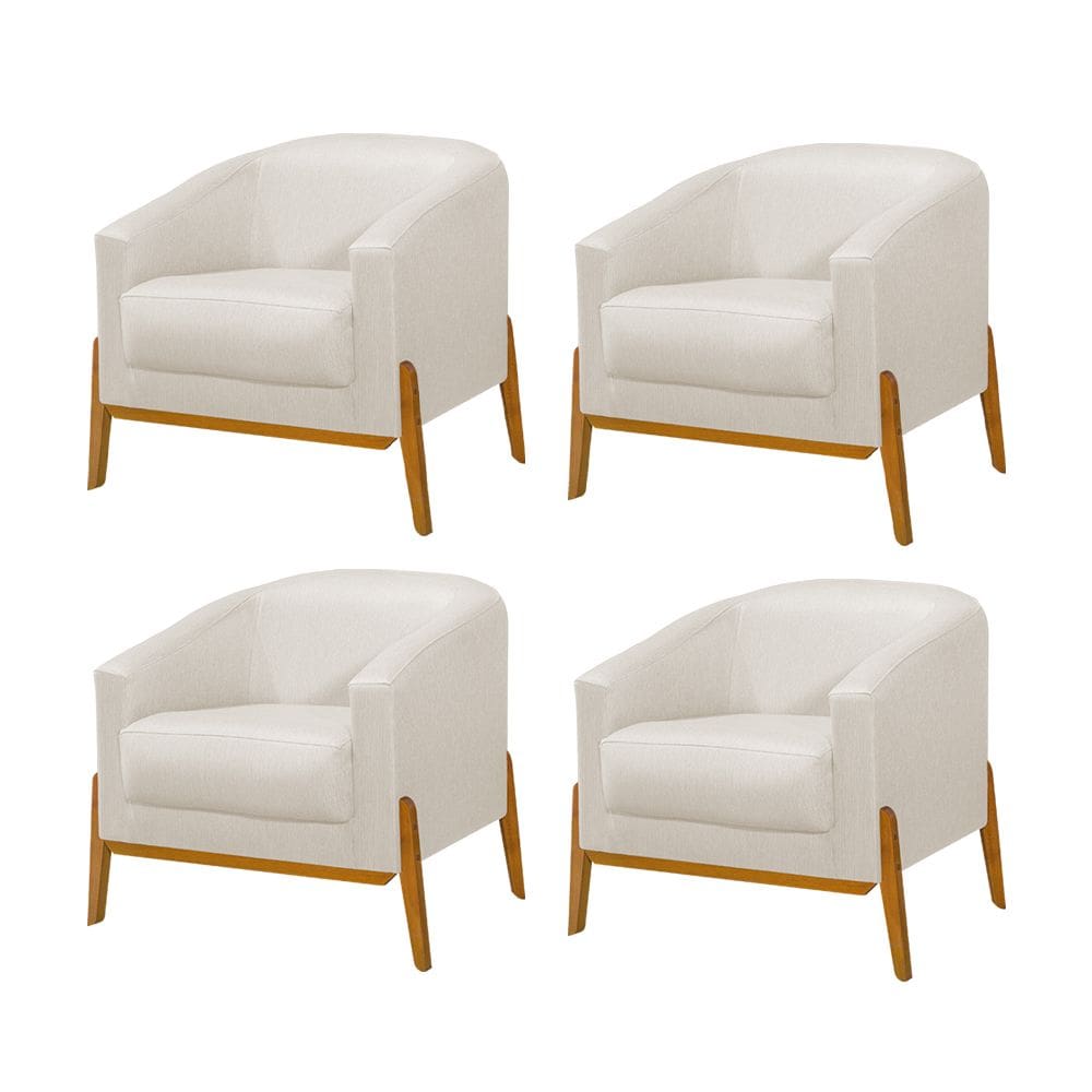 Kit 4 Poltronas Living Base em Madeira Maciça Flórida Linho Crú