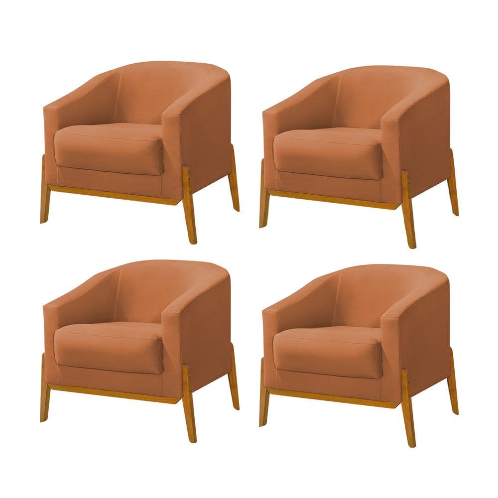 Kit 4 Poltronas Living Base em Madeira Maciça Flórida Veludo Terracota