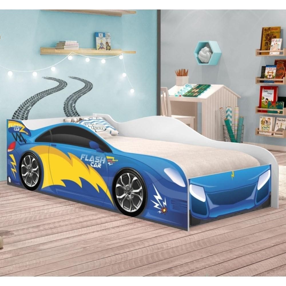 Cama Carro Infantil Raios Azul com Colchão