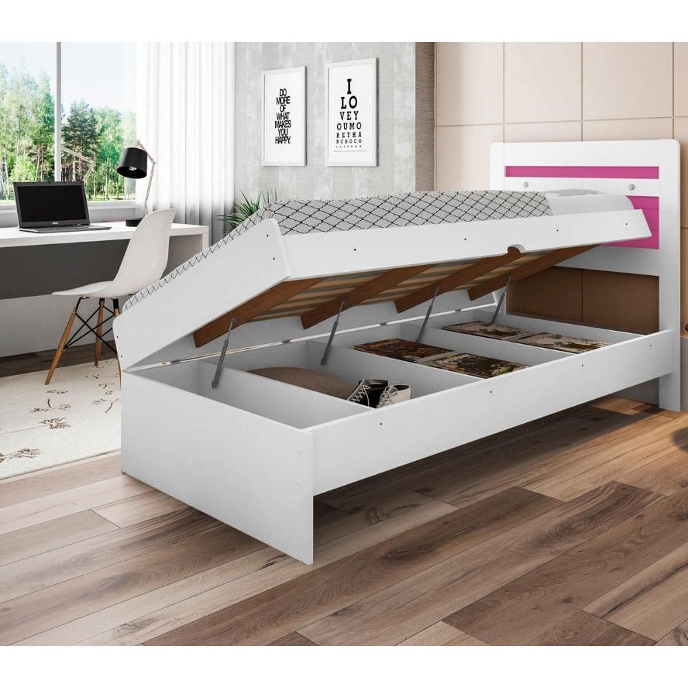 Cama Baú Solteiro Larissa Branco e Rosa com Colchão