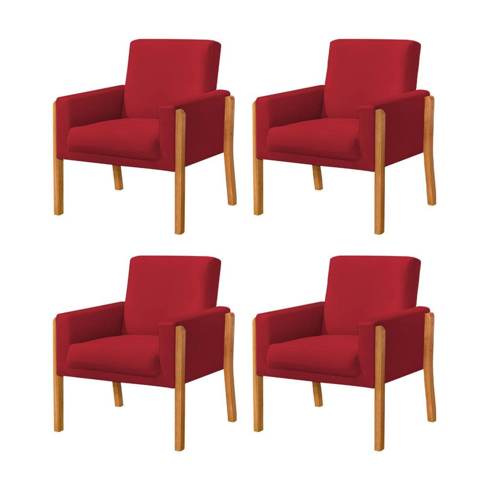 Kit 4 Poltronas Sala de Espera Pés em Madeira Santorini Veludo Vermelho