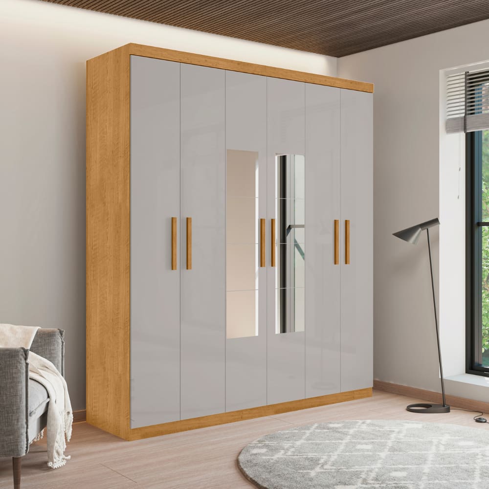 Roupeiro 6 Portas com Espelho Ingá Naturalle Off White