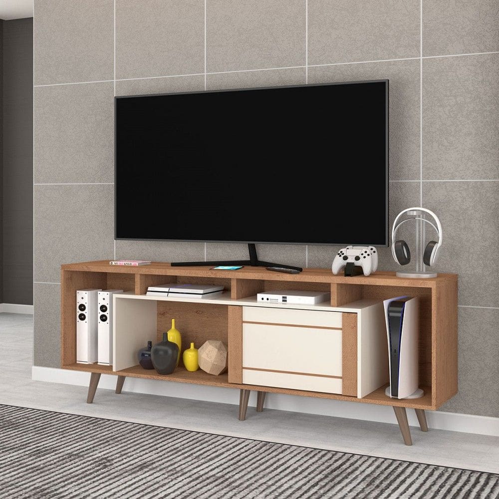 Rack para TV Até 75 Polegadas Roma 1 Porta 1 Prateleira Canelato Rust Natural Off White - Atualle Móveis
