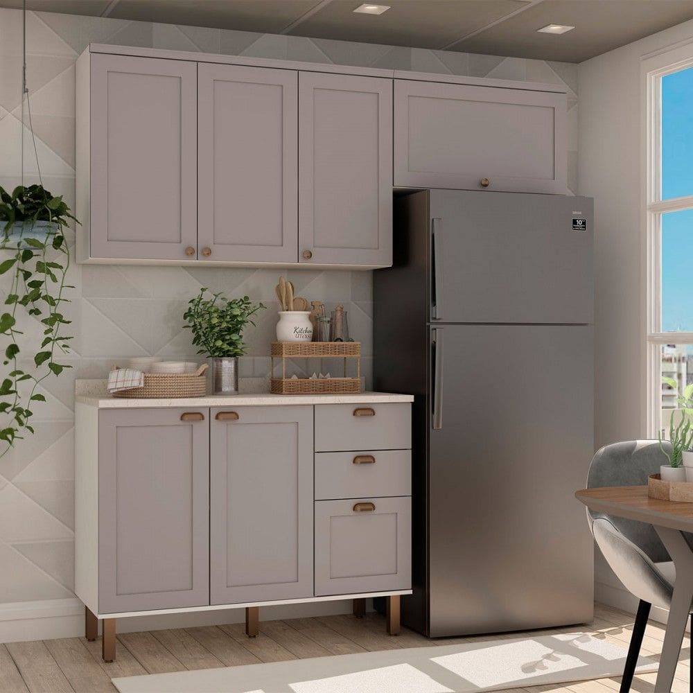 Cozinha Compacta Iluminata Flora 6 Portas 3 Gavetas Branco/Marrom Claro/Mineral - Genialflex