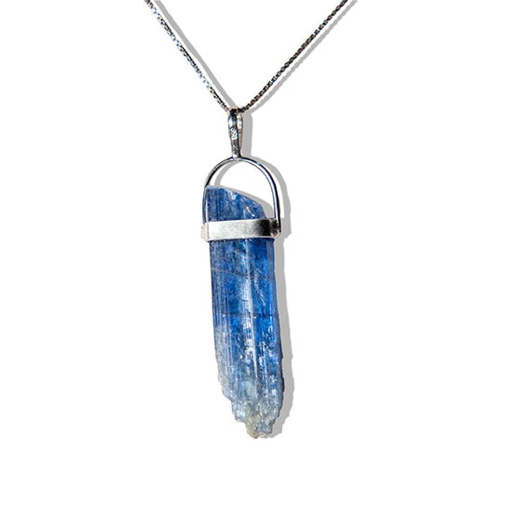 Colar Canudo Cianita Azul Grande Natural Envolto Prata 950