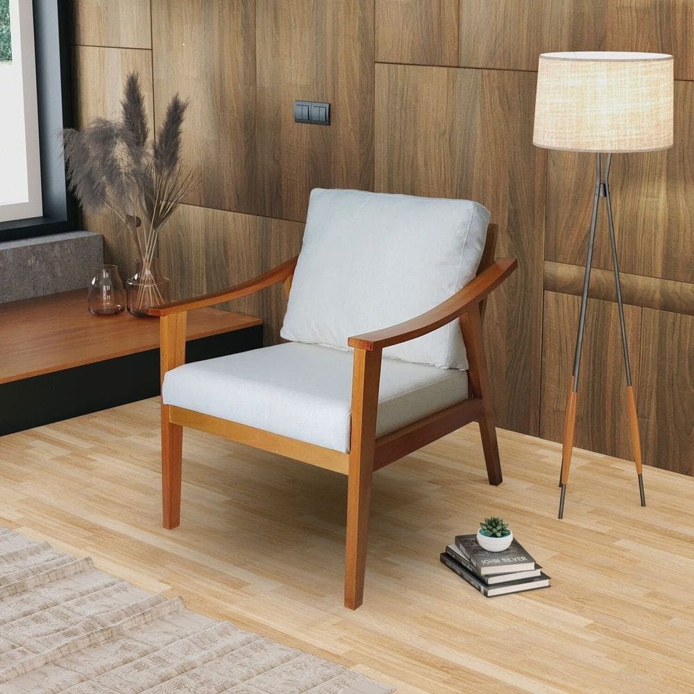 Poltrona Veneza em Verniz Detalhes com Tiras de Sintético com Almofada Marrom/Branco